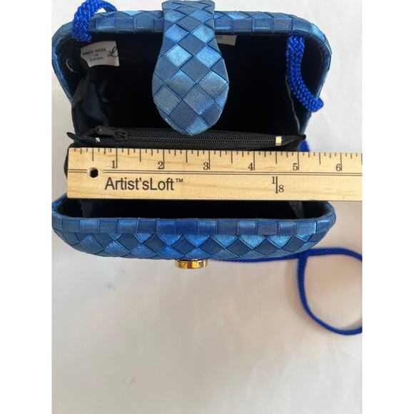 REGALE SMALL BLUE SATIN INTRECCIATO CLUTCH CROSSBODY PURSE WITH CORD STRAP - Picture 12 of 13